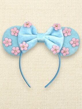 Pastel Blue Velvet Pink Floral Minnie Ears | Disney-Inspired Mouse Ears